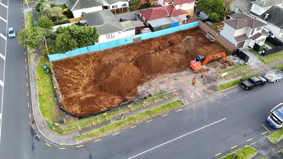 Aerial view of a residential earthworks site in Auckland during the earthworks season, Bromley Group